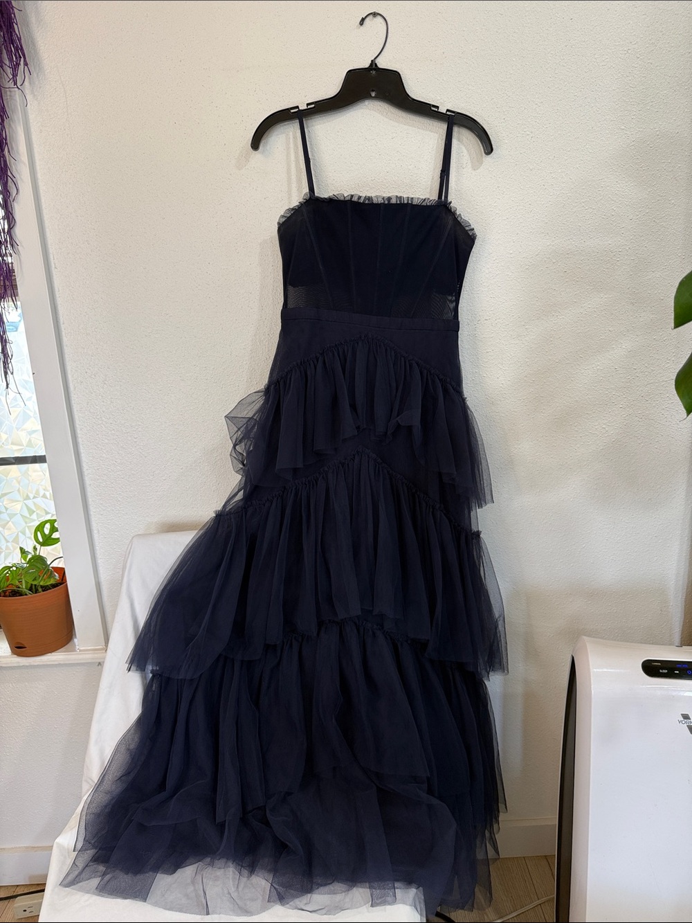 Navy Tiered Tulle Spaghetti-Strap Formal Dress